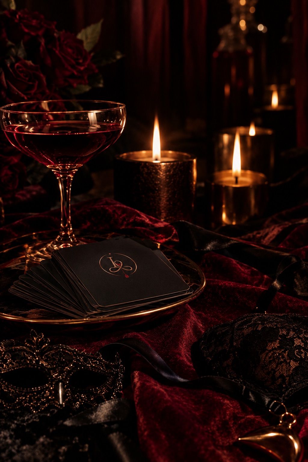 Cartas de juego Libalia sobre terciopelo con velas